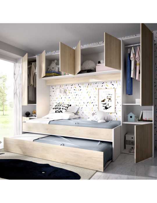 Conjunto dormitorio KWAI DEKIT 2 camas con armario y altillo blanco / natural