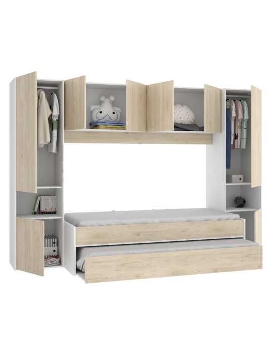 Conjunto dormitorio KWAI DEKIT 2 camas con armario y altillo blanco / natural