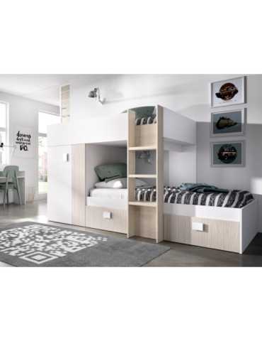 Conjunto dormitorio GROE DEKIT litera con armario y 2 cajones blanco /alistonado/natural