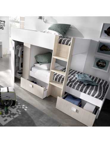 Conjunto dormitorio GROE DEKIT litera con armario y 2 cajones blanco /alistonado/natural 2
