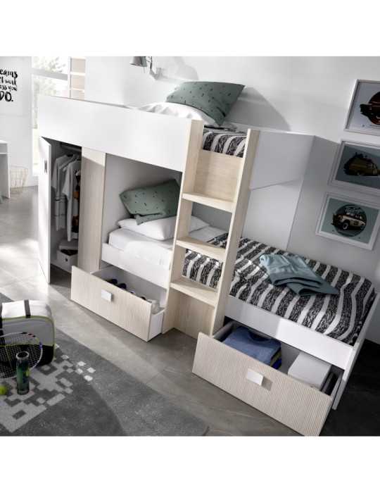 Conjunto dormitorio GROE DEKIT litera con armario y 2 cajones blanco /alistonado/natural