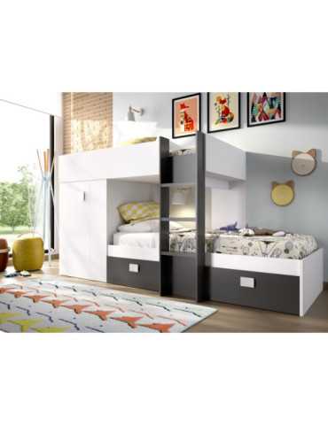 Conjunto dormitorio cama tren GROE DEKIT con armario y 2 cajones blanco / grafito