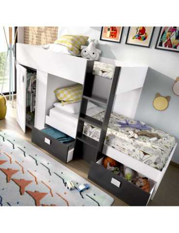 Conjunto dormitorio cama tren GROE DEKIT con armario y 2 cajones blanco / grafito 2