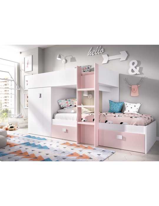 Conjunto dormitorio cama tren GROE DEKIT con armario y 2 cajones blanco / rosa