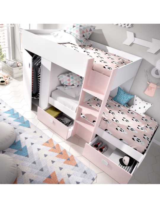 Conjunto dormitorio cama tren GROE DEKIT con armario y 2 cajones blanco / rosa