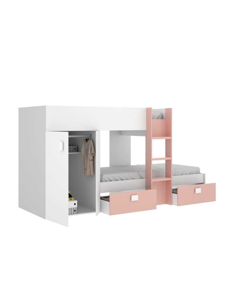 Conjunto dormitorio cama tren GROE DEKIT con armario y 2 cajones blanco / rosa