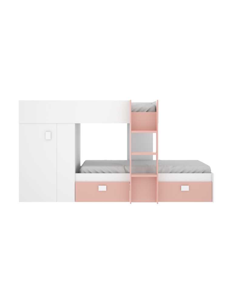 Conjunto dormitorio cama tren GROE DEKIT con armario y 2 cajones blanco / rosa