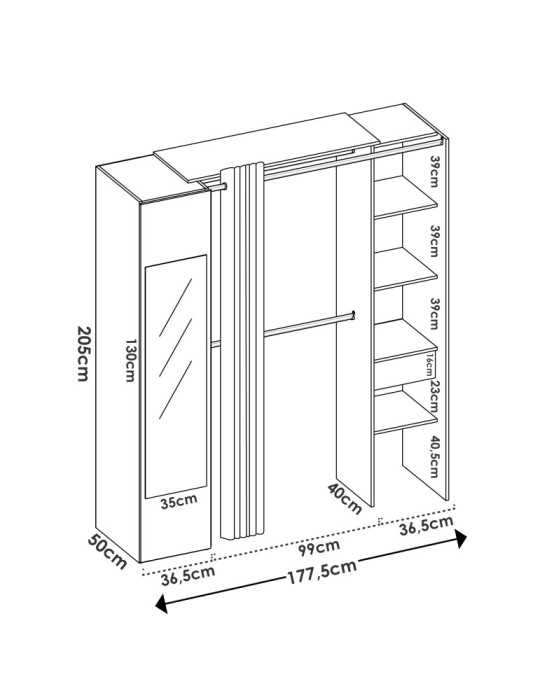 Conjunto vestidor dormitorio SUIT DEKIT con columna cerrada con espejo y cortina blanco