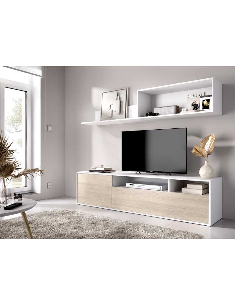 Mueble TV compacto para salon BAY DEKIT blanco/natural