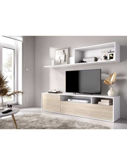 Mueble TV compacto para salon BAY DEKIT blanco/natural