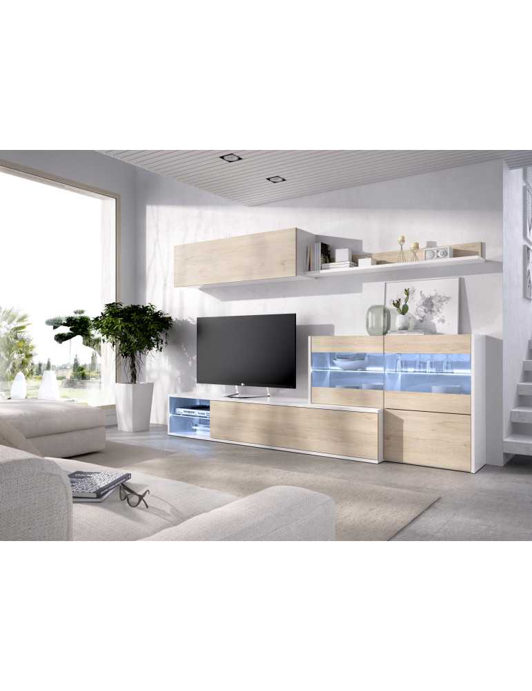 Mueble para salon UMA DEKIT con vitrina y leds b. brillo / natural