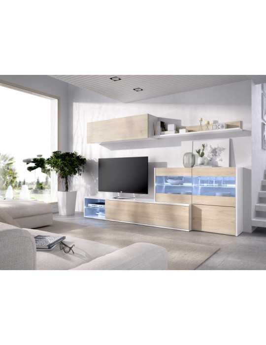 Mueble para salon UMA DEKIT con vitrina y leds b. brillo / natural