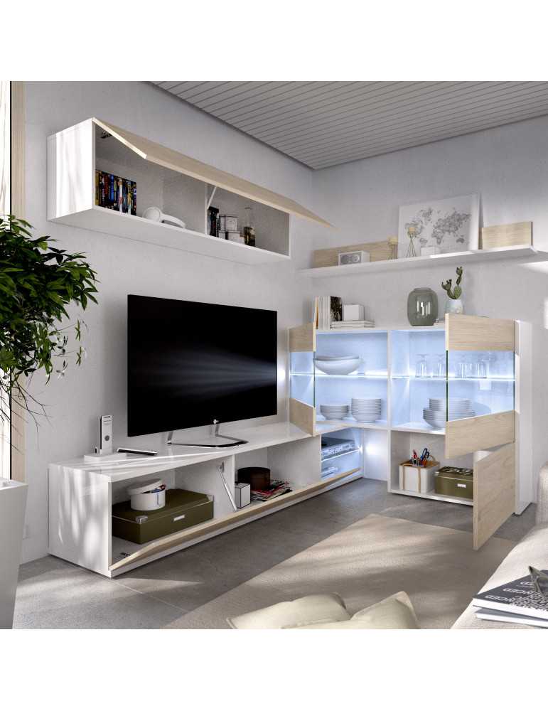 Mueble para salon UMA DEKIT con vitrina y leds b. brillo / natural
