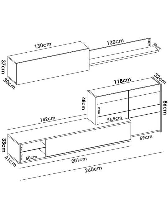 Mueble para salon UMA DEKIT con vitrina y leds b. brillo / natural