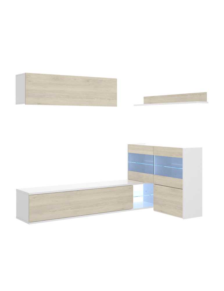 Mueble para salon UMA DEKIT con vitrina y leds b. brillo / natural