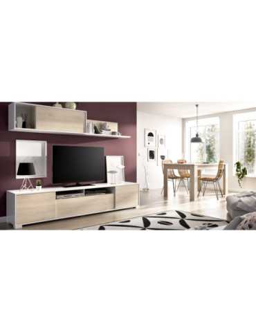 Mueble para salon KEN DEKIT TV con puertas y estante a pared b. brillo / natural