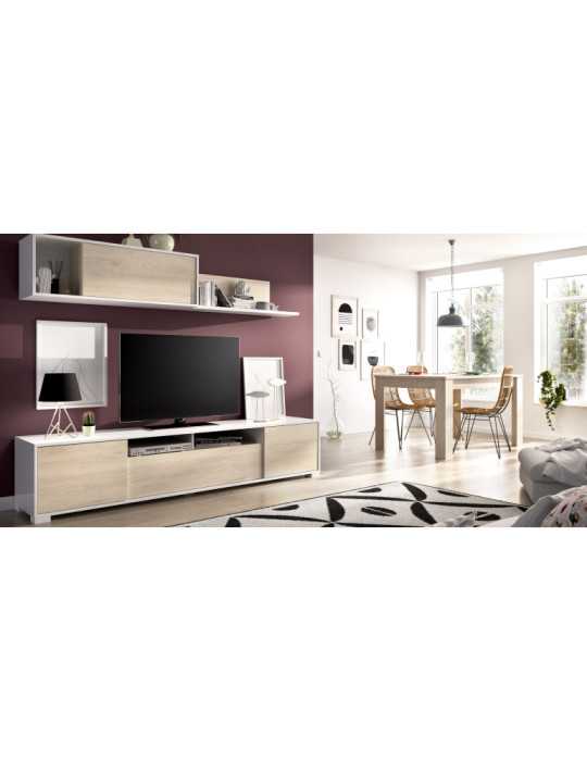 Mueble para salon KEN DEKIT TV con puertas y estante a pared b. brillo / natural