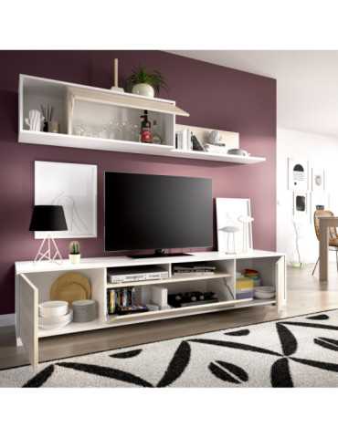 Mueble para salon KEN DEKIT TV con puertas y estante a pared b. brillo / natural 2