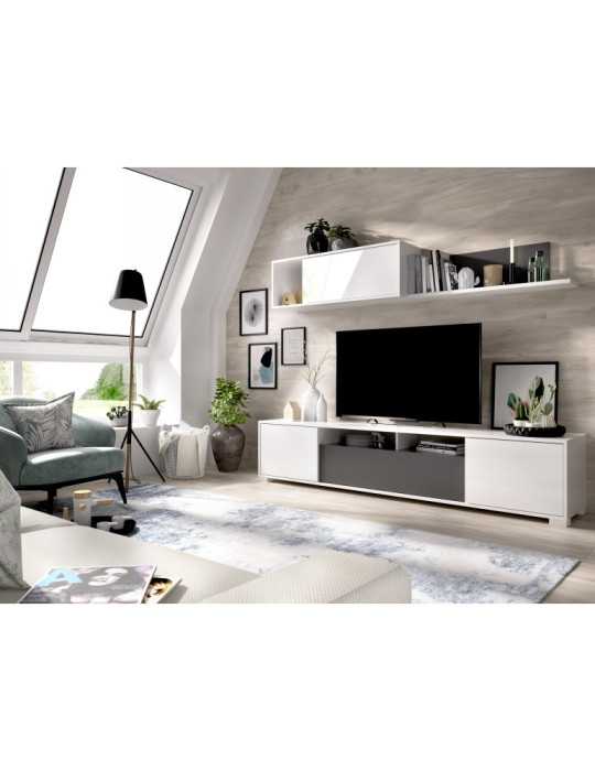 Mueble para salon KEN DEKIT TV con puertas y estante a pared b. brillo / grafito