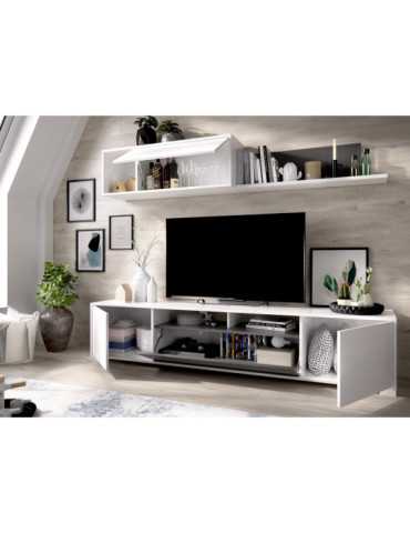 Mueble para salon KEN DEKIT TV con puertas y estante a pared b. brillo / grafito 2