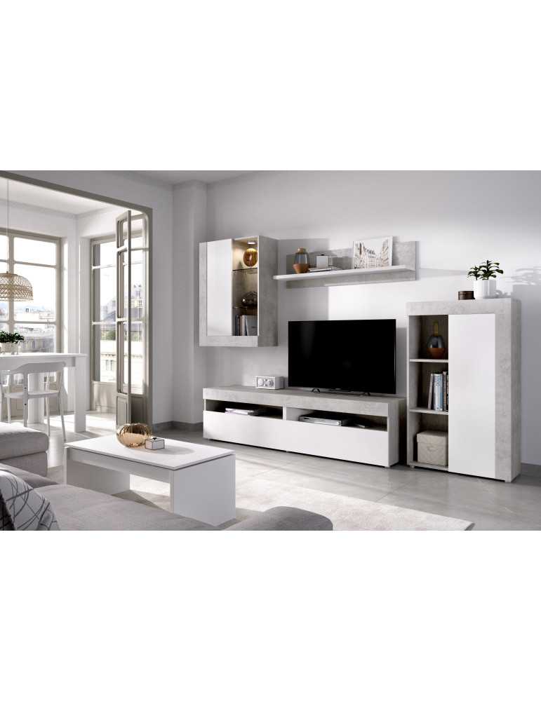 Mueble para salon TOKIO DEKIT TV con vitrina y leds cemento / blanco