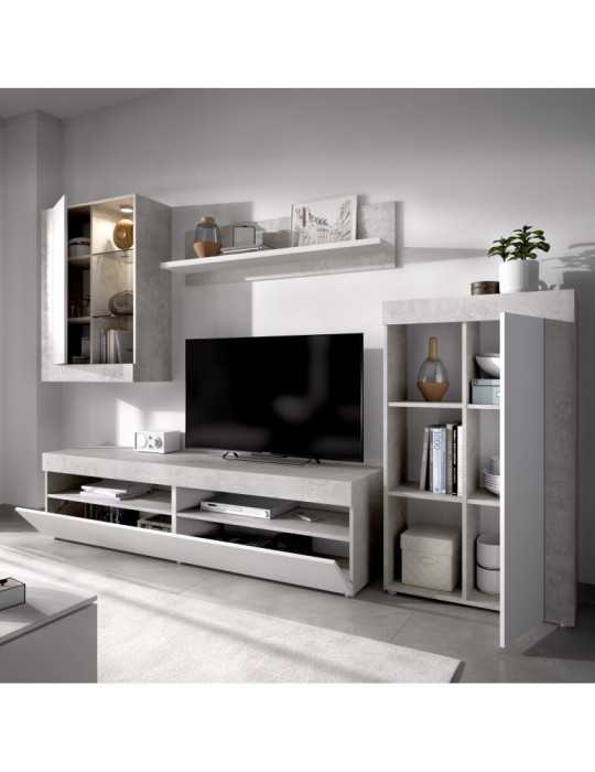 Mueble para salon TOKIO DEKIT TV con vitrina y leds cemento / blanco