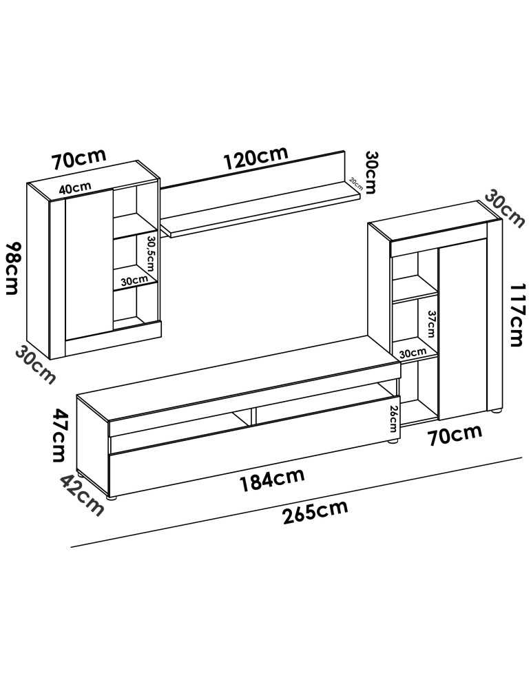 Mueble para salon TOKIO DEKIT TV con vitrina y leds cemento / blanco