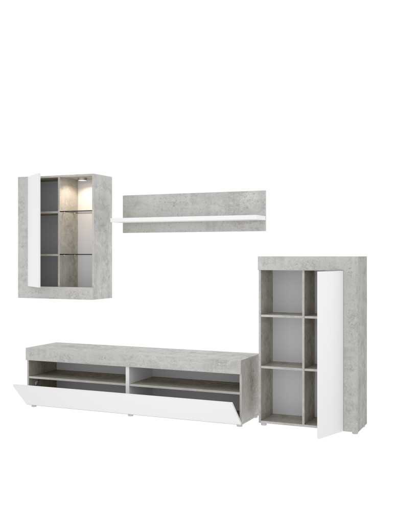 Mueble para salon TOKIO DEKIT TV con vitrina y leds cemento / blanco