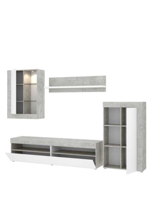 Mueble para salon TOKIO DEKIT TV con vitrina y leds cemento / blanco