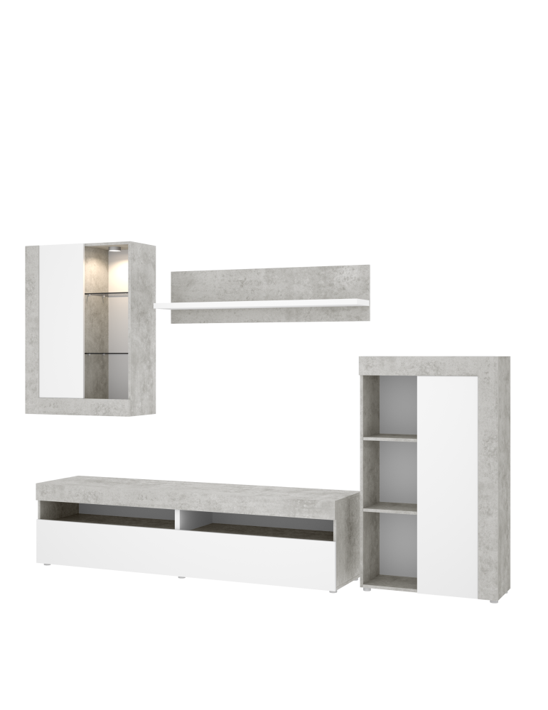 Mueble para salon TOKIO DEKIT TV con vitrina y leds cemento / blanco