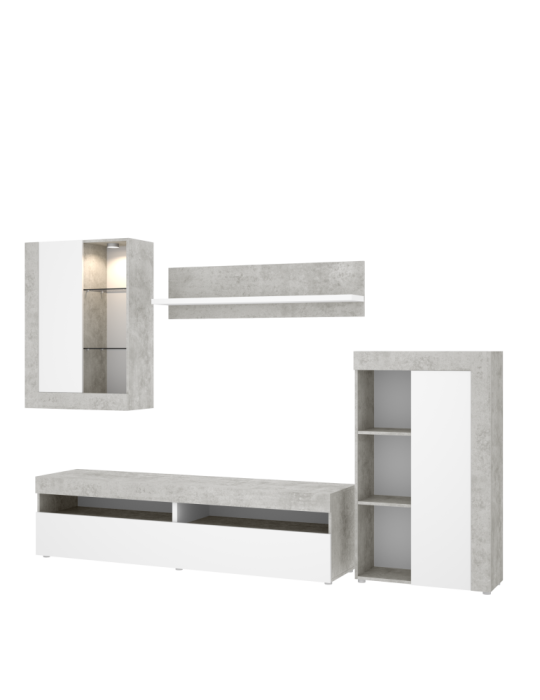 Mueble para salon TOKIO DEKIT TV con vitrina y leds cemento / blanco