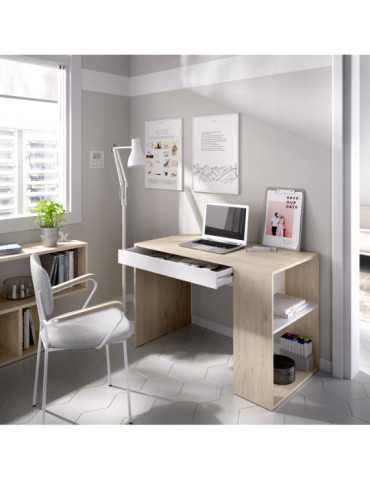 Mesa escritorio TEO DEKIT con estante y 1 cajon natural / blanco