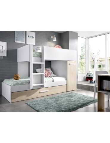 Conjunto dormitorio tren TOM DEKIT 3 camas blanco / natural