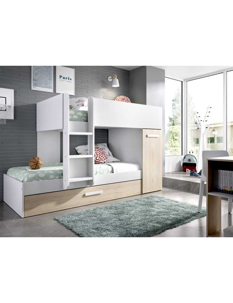 Conjunto dormitorio tren TOM DEKIT 3 camas blanco / natural