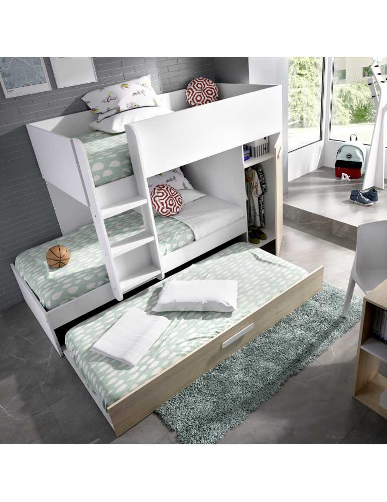 Conjunto dormitorio tren TOM DEKIT 3 camas blanco / natural