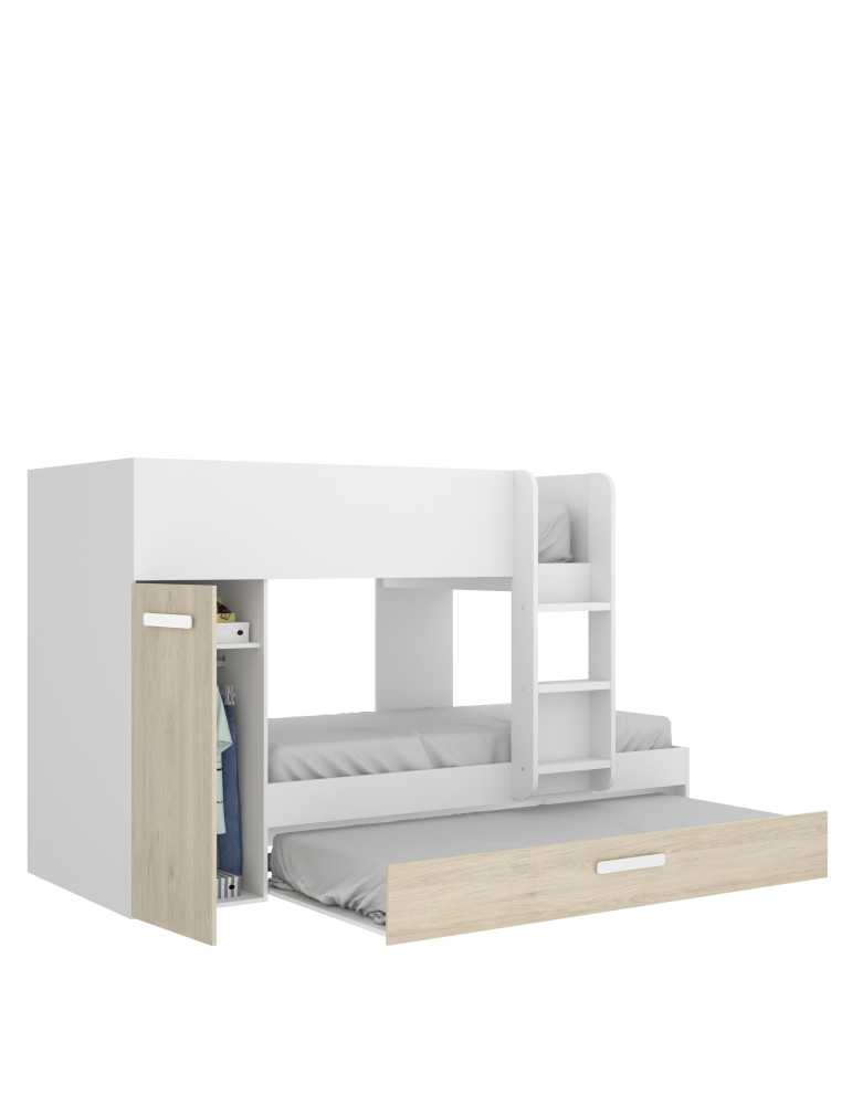 Conjunto dormitorio tren TOM DEKIT 3 camas blanco / natural