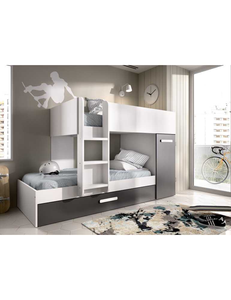 Conjunto dormitorio tren TOM DEKIT 3 camas blanco / grafito