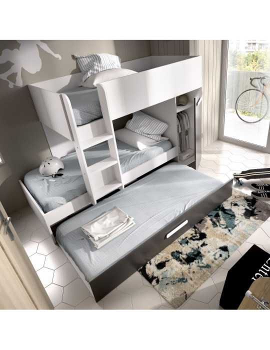 Conjunto dormitorio tren TOM DEKIT 3 camas blanco / grafito