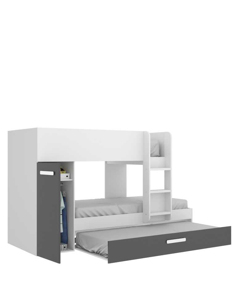 Conjunto dormitorio tren TOM DEKIT 3 camas blanco / grafito
