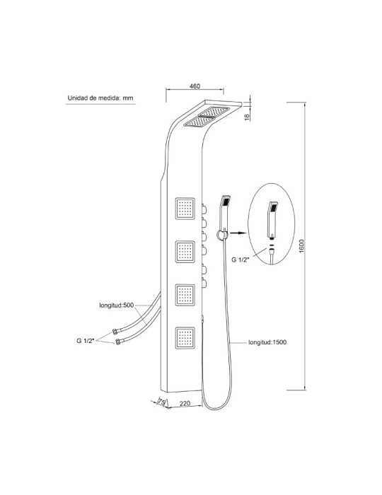 Columna de Hidromasaje fabricada en AceroInox. Acabado color plata modelo Ibiza