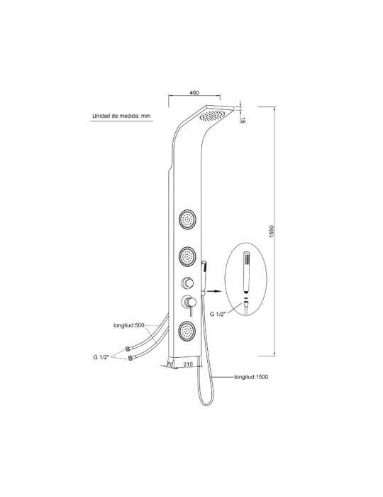 Columna de Hidromasaje fabricada en Aluminio acabado color plata modelo A-85