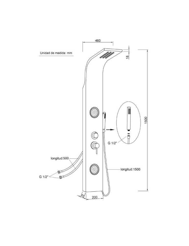 Columna de Hidromasaje fabricada en Aluminio acabado color plata modelo A-51