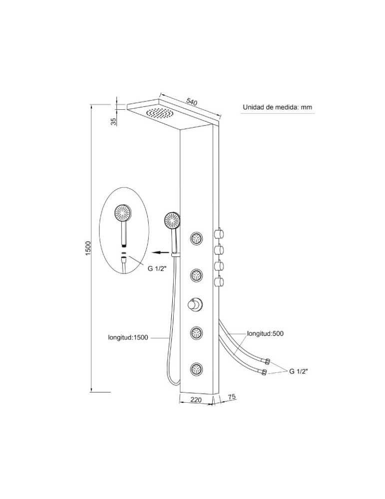 Columna de hidromasaje termostática en aluminio color negro modelo A-841 NEGRO