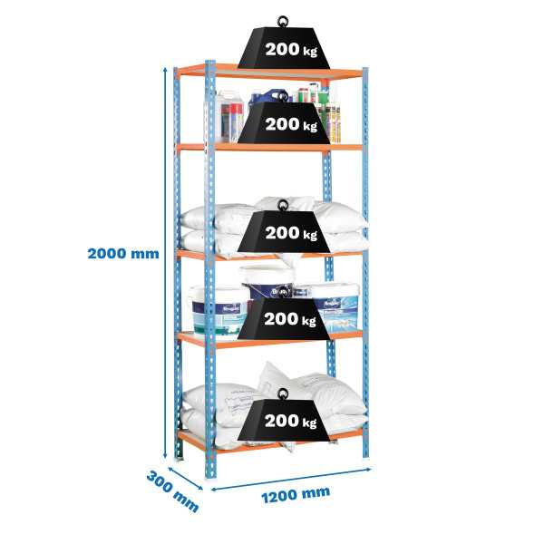 Estanteria 2000x1200x300 MADERCLICK MEGAPLUS 5/300 AZUL/NARANJA/MADERA marca SIMONRACK