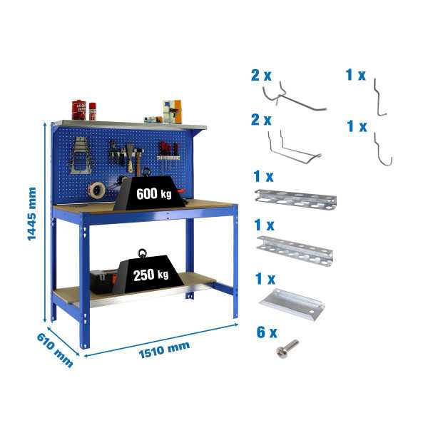 Banco trabajo 1445x1510x610 PACK SIMONWORK BT3 1500 AZUL/MAD+ 9ACCS marca SIMONRACK