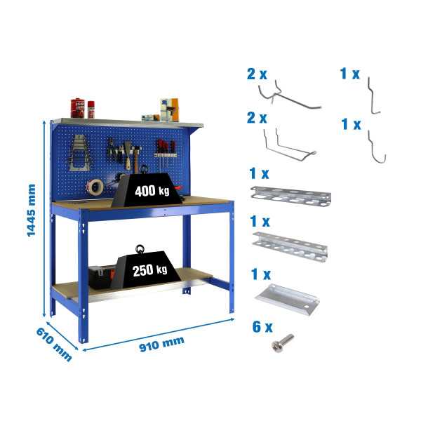 Banco trabajo 1445x910x610 PACK SIMONWORK BT3 900 AZUL/MAD+ 9ACCS marca SIMONRACK