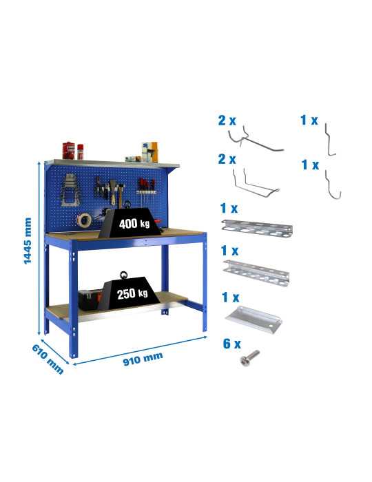 Banco trabajo 1445x910x610 PACK SIMONWORK BT3 900 AZUL/MAD+ 9ACCS marca SIMONRACK