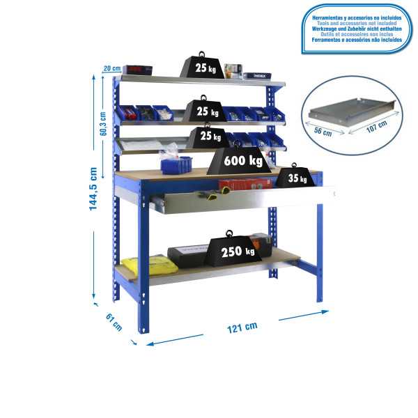 Banco trabajo 1445x1210x610 SIMONWORK BT1 BOX 1200 AZUL/MADERA marca SIMONRACK