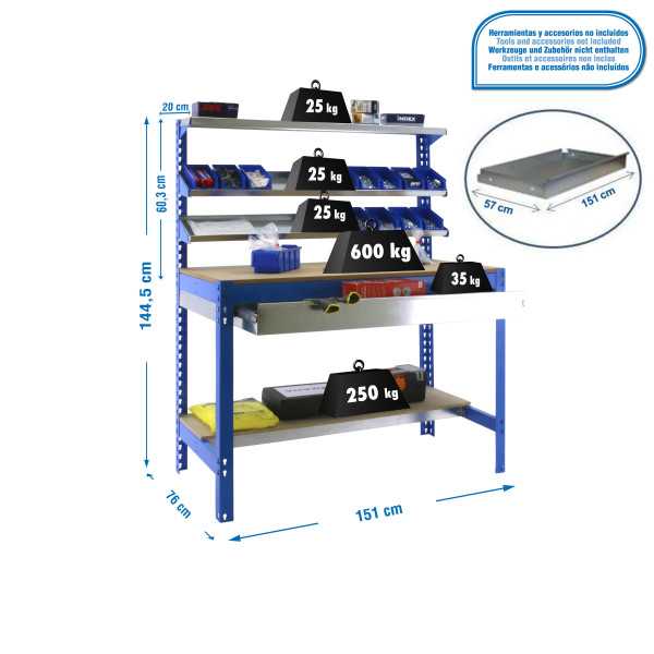 Banco trabajo 1445x1510x760 SIMONWORK BT1 BOX 1500 AZUL/MADERA marca SIMONRACK