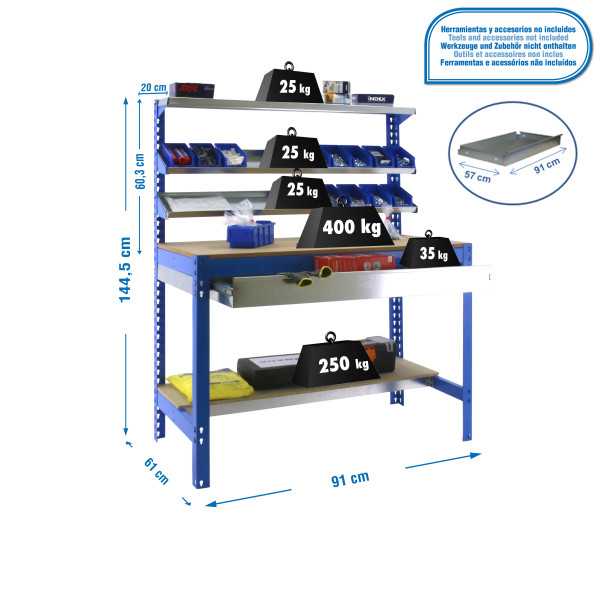 Banco trabajo 1445x910x610 SIMONWORK BT1 BOX 900 AZUL/MADERA marca SIMONRACK